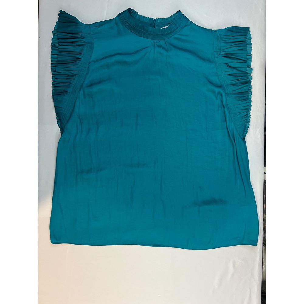 Maison d'Amélie Paris Teal Blue Pleated Ruffle Mock Neck Blouse Medium